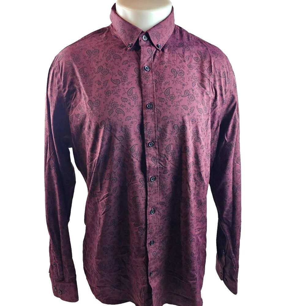 Express Shirt Mens Large Burgundy Paisley Stretch Performance Button Up Fitted